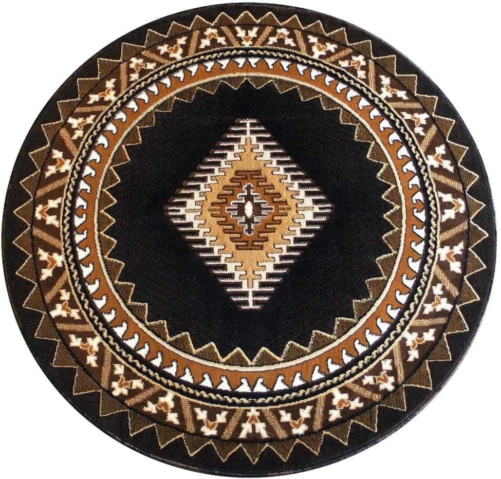 Navajo Aztec Western Native American Geometric Area Rug Black (5 Feet X 5 Feet Round)