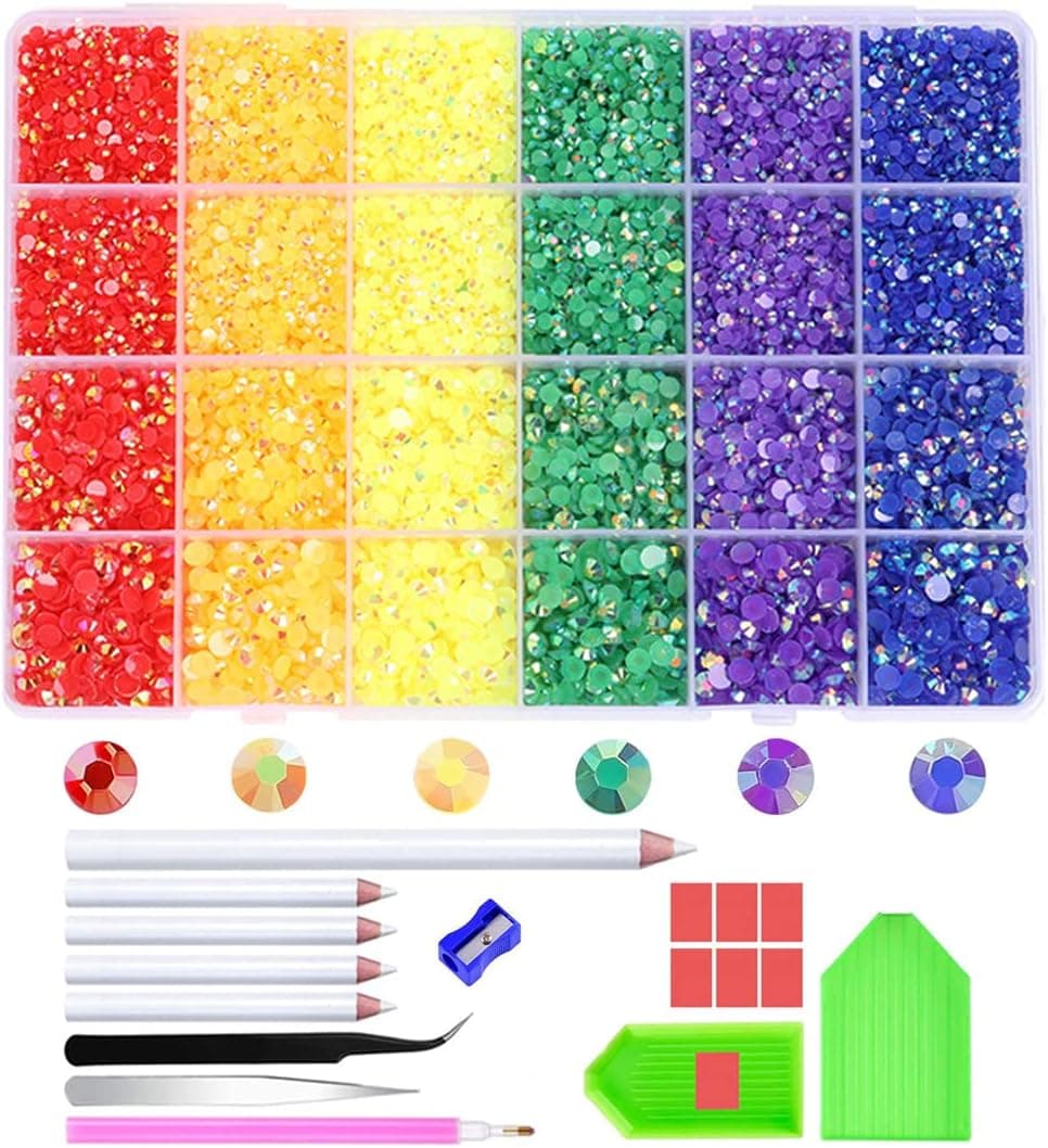 Pybider 18000pcs Resin Flatback Rhinestones Kit, Rainbow Color Crystal Gemstones for Nail Art DIY Crafts Makeup Face Body Tumblers Cellphone Case Decoration, Non-hotfix 3mm/4mm Rhinestones