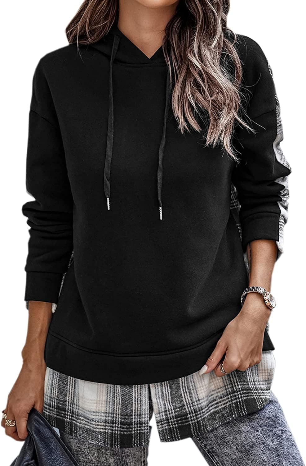 PAODIKUAI Women's Plaid Patchwork Hooded Sweatshirts Casual Long Sleeve Loose Fashion Hoodie Pullover Shirts Tops