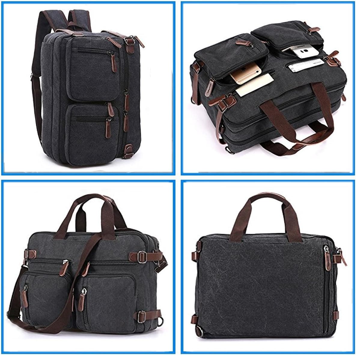 15.6" Men's Messenger Canvas Laptop Bag Hybrid Multifunction Briefcase Handbag