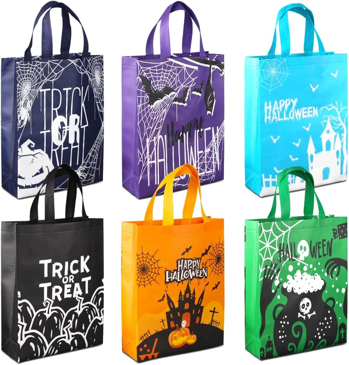6PCS Halloween Trick or Treat Bags, Halloween Tote Bags with Handles, Large Gift Bags, Multifunctional Non-Woven Halloween Bags for Gifts Wrapping, Trick or Treat, Halloween Party Supplies, 15×11.8×3.9“