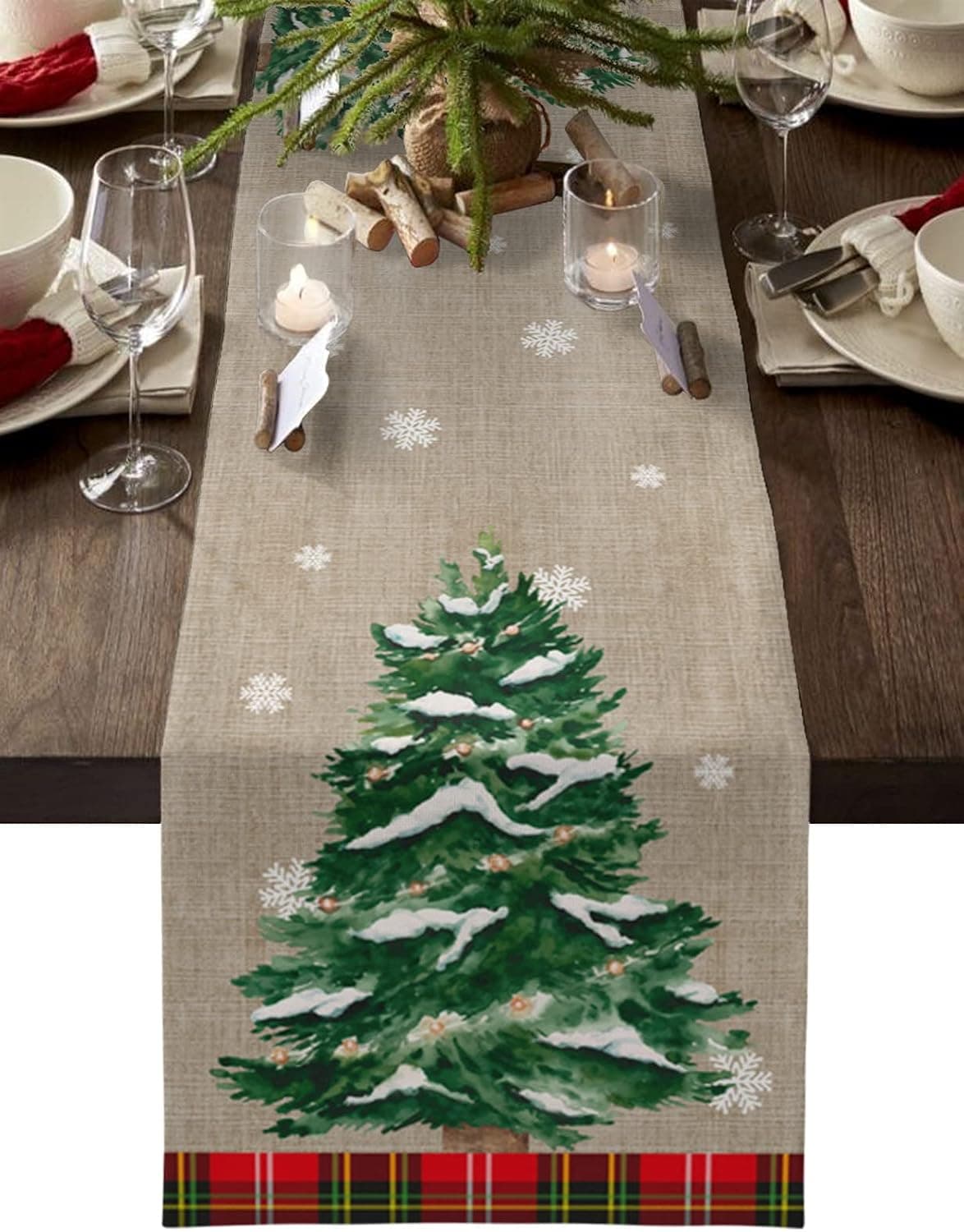 Christmas Table Runners 72 inches Long, Merry Xmas Holly Trees Cotton Linens Table Cloth Dresser Scarves for Wedding Dinning Tables Party Holiday Home Decor, Red Green Buffalo Check Table Decorations