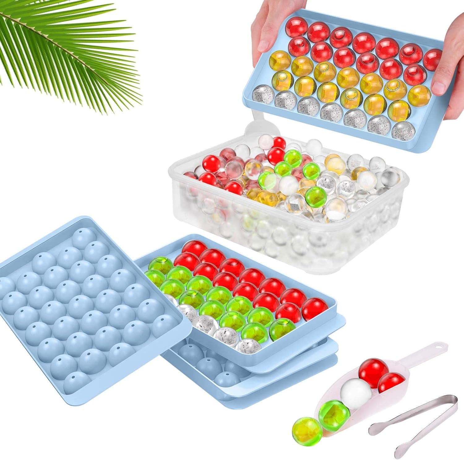 Ice Cube Trays for Freezer, Ninyoon 2x Round Ice Molds Cube Ball Maker with Bin Spoon Tong – Making 66pcs Pellet Ice Trays Fancy Icecubetrayes (Blue)