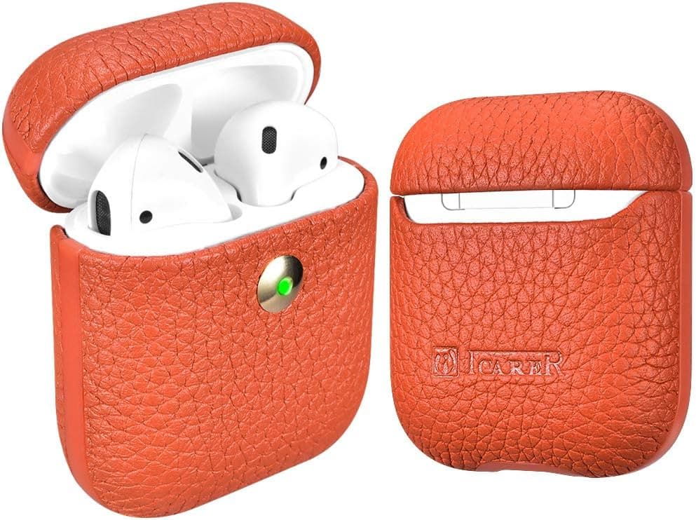 ICARER Airpods Case, Airpods Leather Case, Protective and Shockproof Genuine Leather Case for Apple Airpod 2 & 1, Support Wireless Charging(The Led Visible) (Orange)