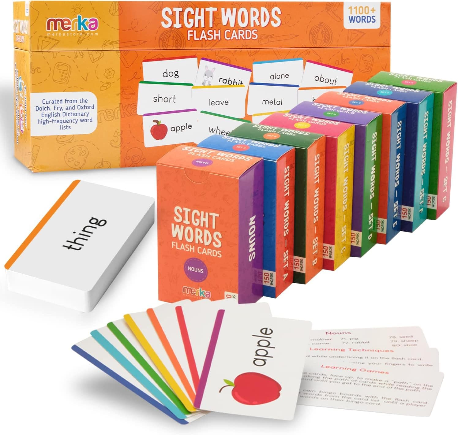 merka Sight Words Flashcards, A Self-Paced Vocabulary Tool for Pre-K to 3rd Graders, Mastering First Words, Combo Pack, Nouns and Set A-G, 575 Cards