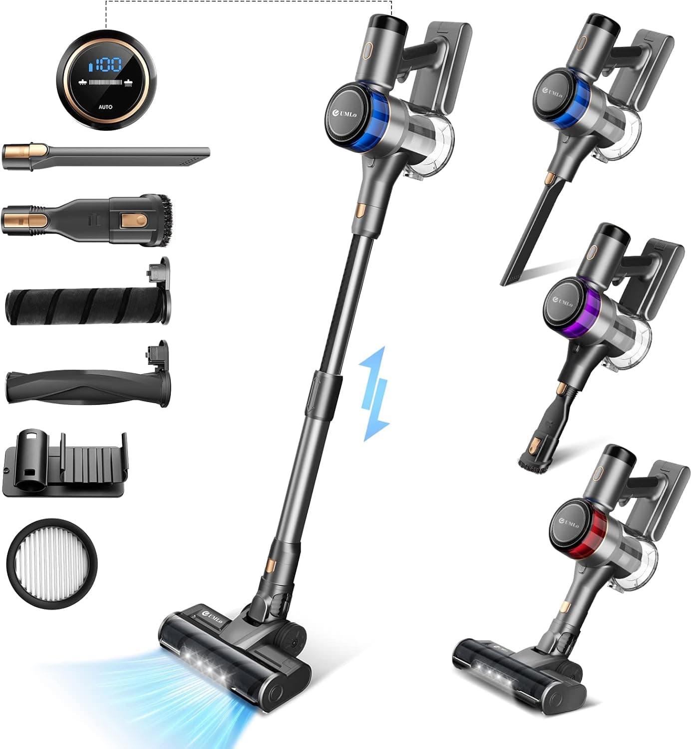UMLo Cordless Vacuum Cleaner, 400W Stick Vacuum with 28Kpa Powerful Suction, Smart Induction Auto-Adjustment, 55min Runtime,6 in 1 Lightweight Vacuum with LED Display for Carpet Hard Floor Pet Hair-S9
