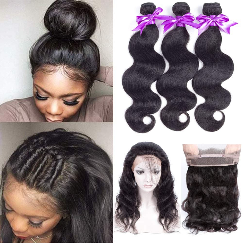 360 Lace Frontal with Bundles Brazilian Body Wave Bundles with Frontal Closure (14 16 18 +12) 100% Unprocessed Brazilian Virgin Hair 3 Bundles with Frontal Closure