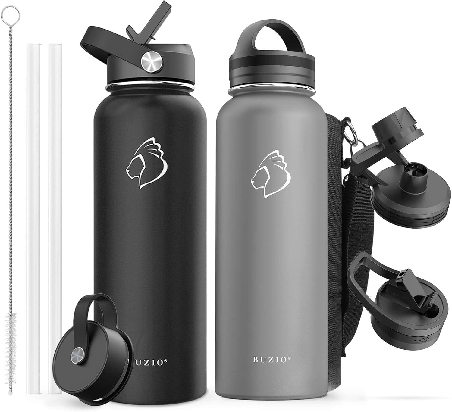 BUZIO Vacuum Insulated Stainless Steel Water Bottle 40oz with 40oz Insulted Three Caps Water Bottle, BPA Free Double Wall Travel Mug/Flask, Cold for 48 Hrs Hot for 24 Hrs Simple Thermo Canteen Mug