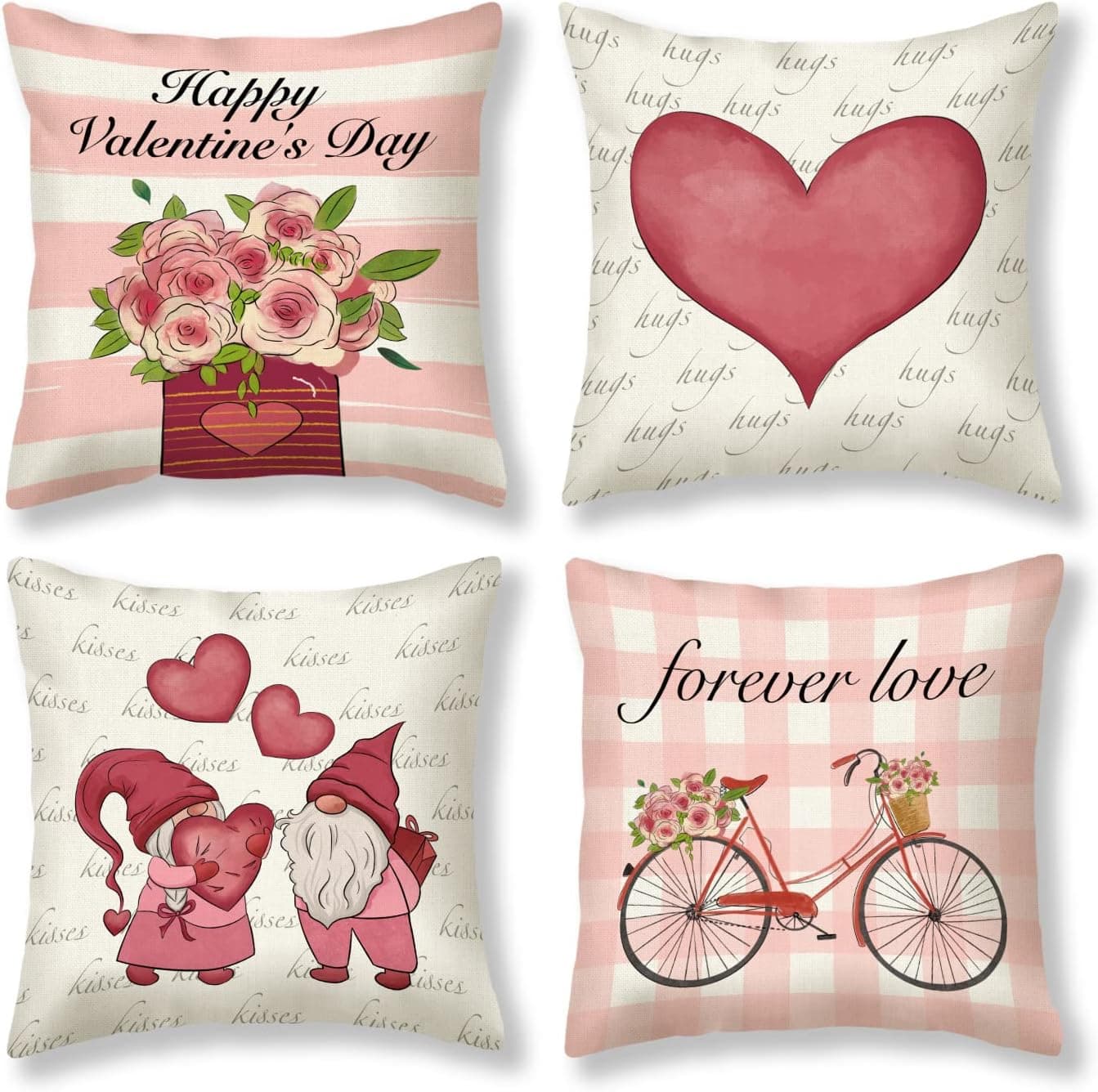KALAWA Valentine's Day Pillow Covers 18x18 Inches Pink Plaid Throw Pillow Covers Holiday Checkered Heart Love Bicycle Outdoor Linen Square Cushion Case for Bed Sofa Couch Chair Set of 4