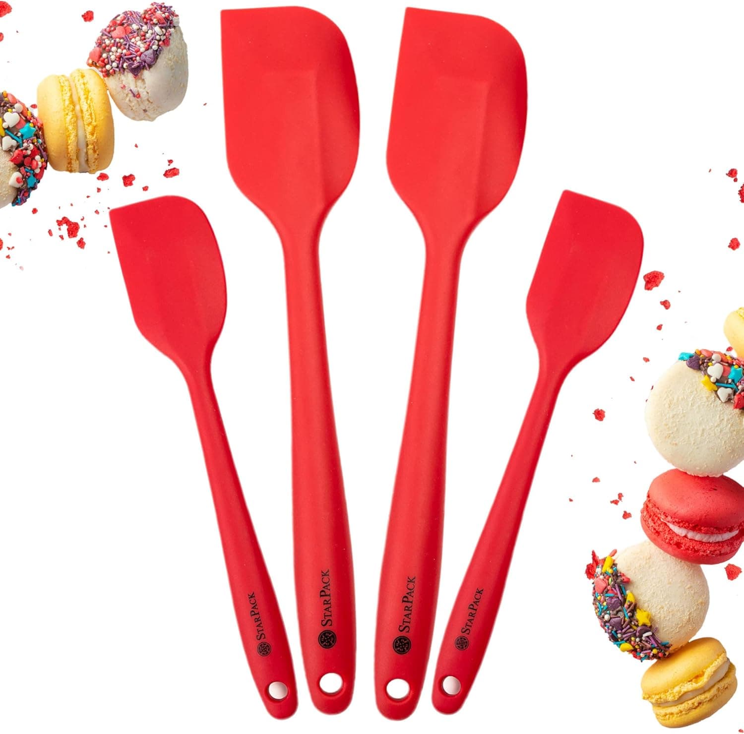 StarPack Basics Silicone Spatula Set (2 Small, 2 Large), High Heat Resistant to 480°F, Hygienic One Piece Design, Non Stick Rubber Cooking Utensil Set (Cherry Red)