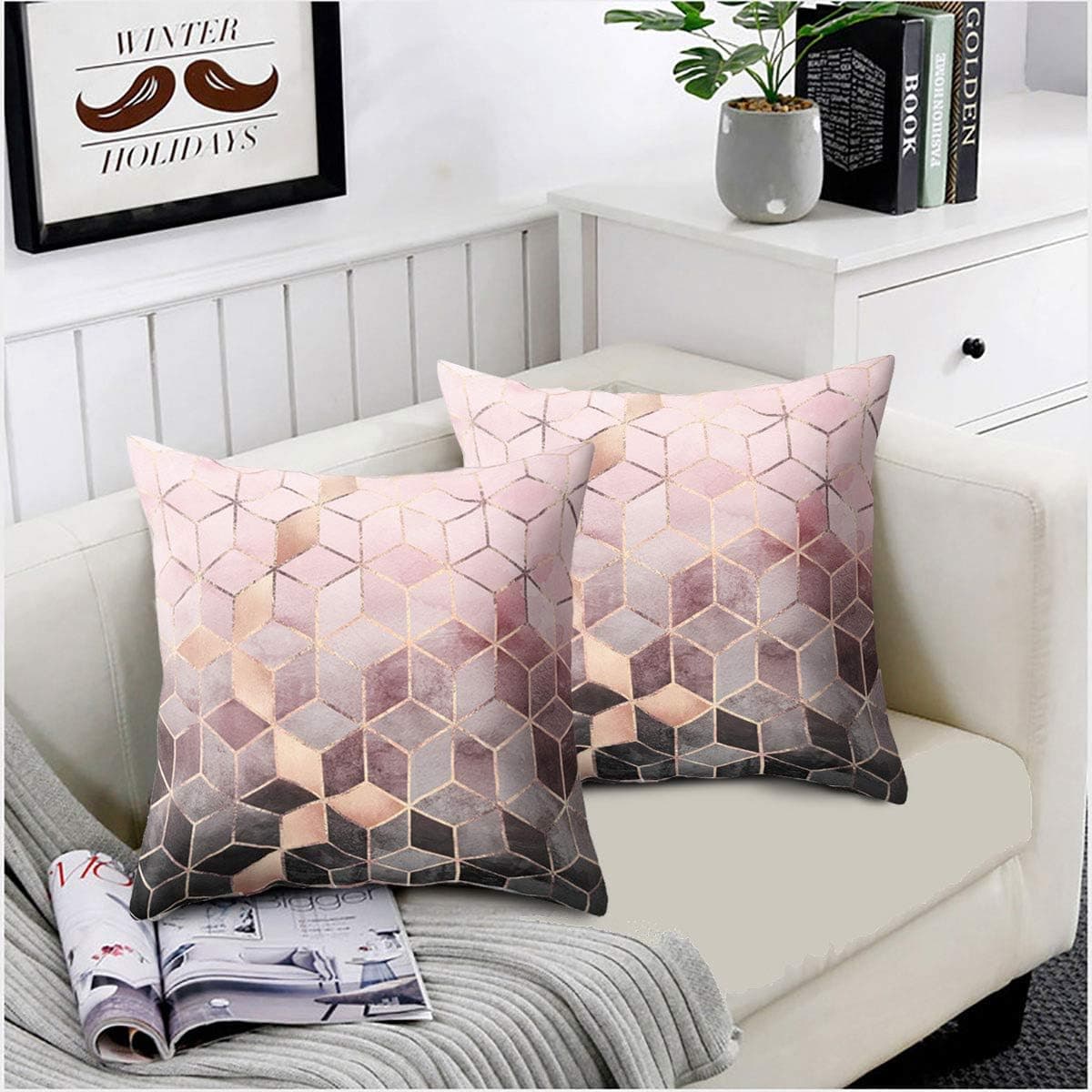 Convallaria Soft Throw Pillows Covers for Couch Sofa 18 x 18 inch Decorative Cases for Bed Cushion Covers Set for Bedroom, Living Room, Couch (Pink Gradient Cubes Theme Set of 2)
