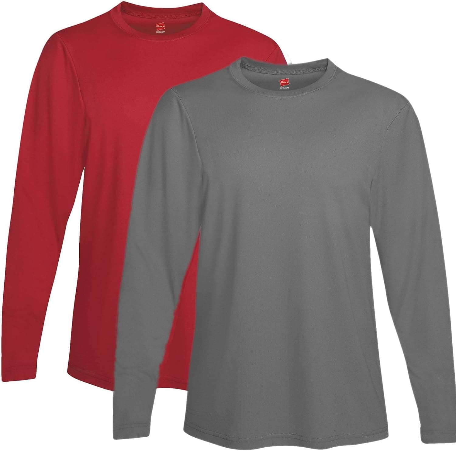 Hanes 482L 100% Polyester Adult Cool DRI Long-Sleeve Performance T-Shirt - 1 Deep Red + 1 Graphite - Large
