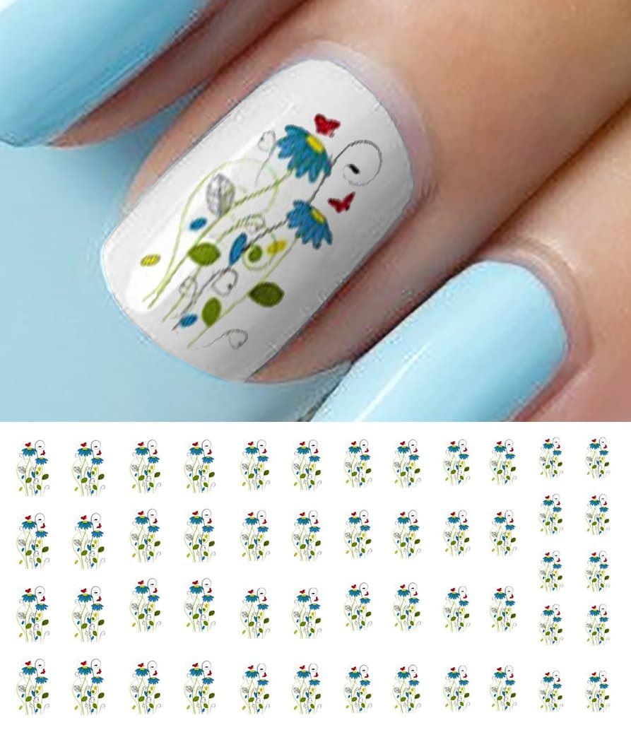 Blue Flowers & Red Butterfly Nail Art Waterslide Decals - Salon Quality!
