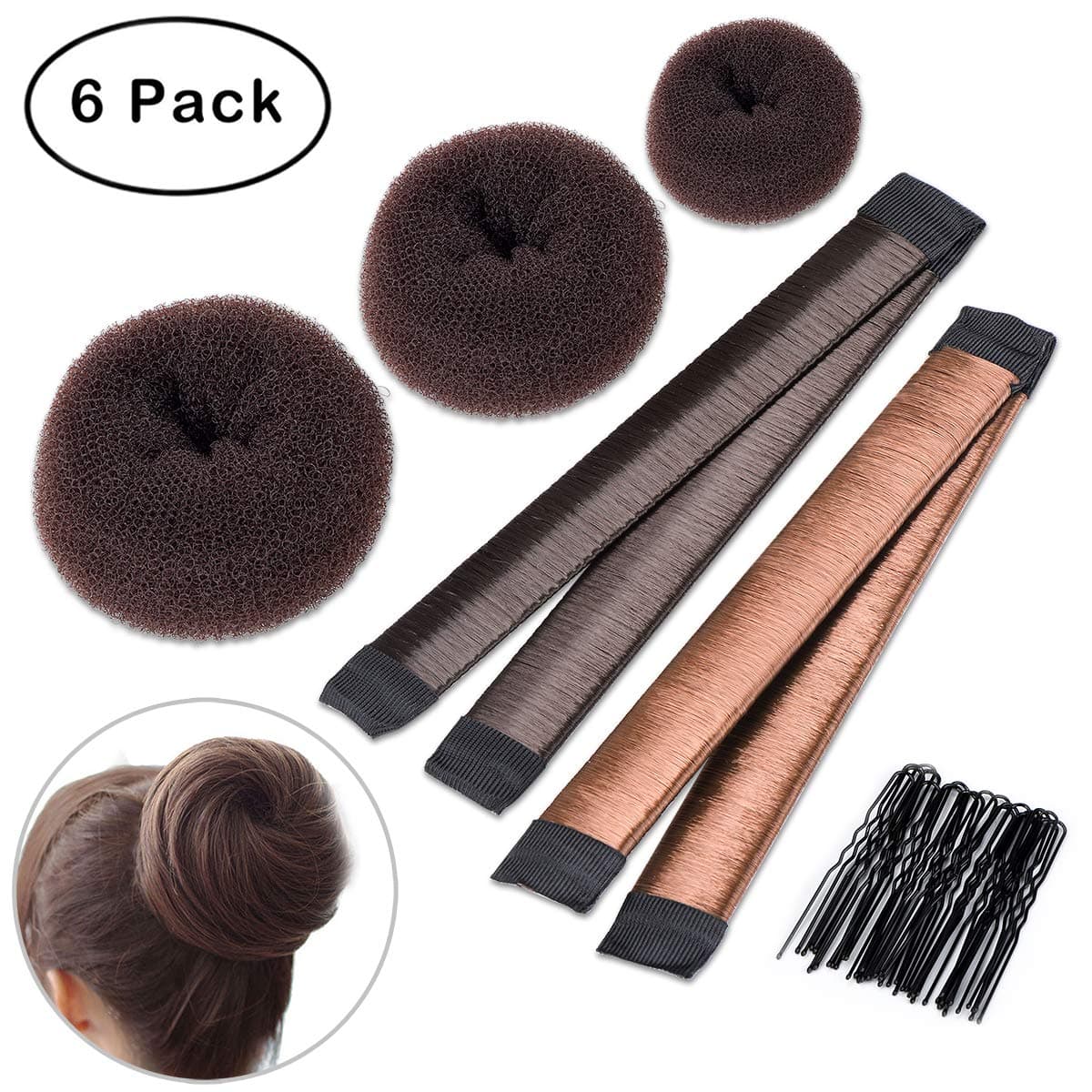 6 pcs Hair Bun Maker Tingtio Hair Donut Bun Shaper Maker Tool Set with 3 Pcs Donut Bun Maker,2 Pcs Magic French Twist Hairstyle Clip and 1 Bag Hair Pin for DIY Hair Styling Hairstyle Ballet Brown