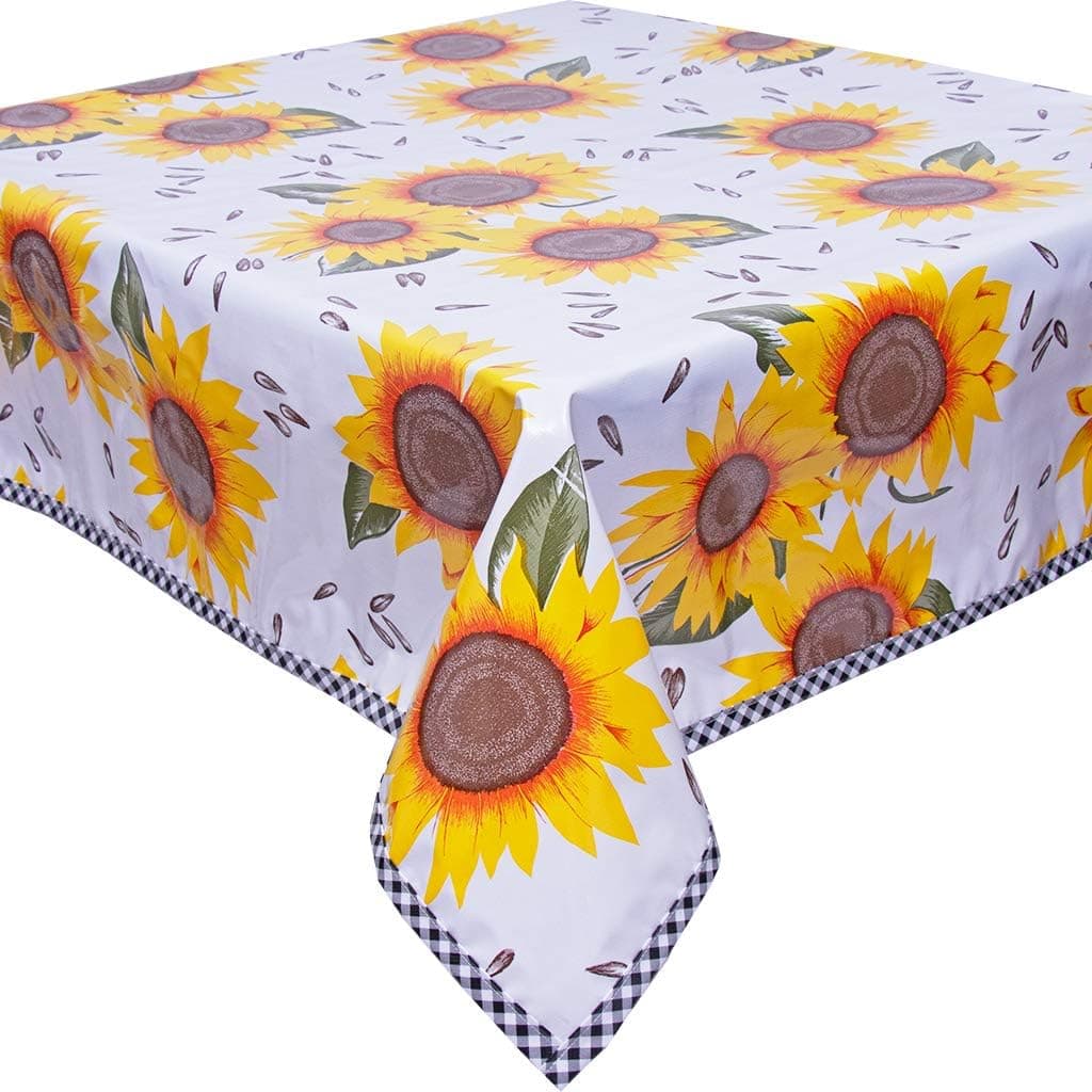 Sunflowers on White with Black Gingham Trim Oilcloth Tablecloth You Pick The Size