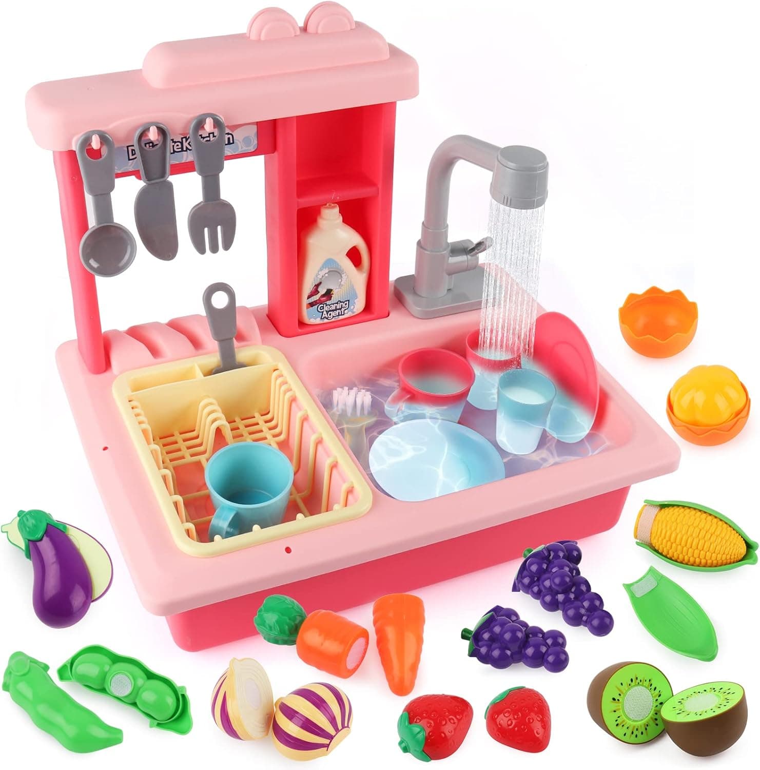Play Sink with Running Water, 31Pcs Color Changing Kitchen Sink Toys with Cutting Food, Automatic Water Cycle System Sink Toy Pretend Play Kitchen Toys for Kids