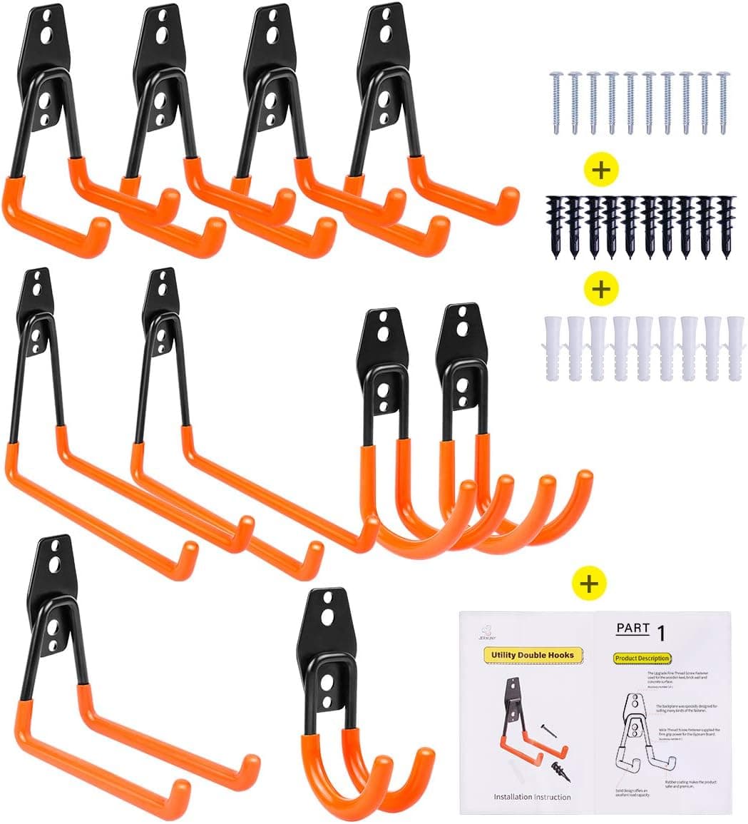 Steel Garage Storage Hooks 10 Pack Utility Double Hooks Heavy Duty Wall Hooks for Garage Storage System Organizer to Hang Power Tools, Ladders, Bulk Items, Bikes, Ropes and Shovel Holder