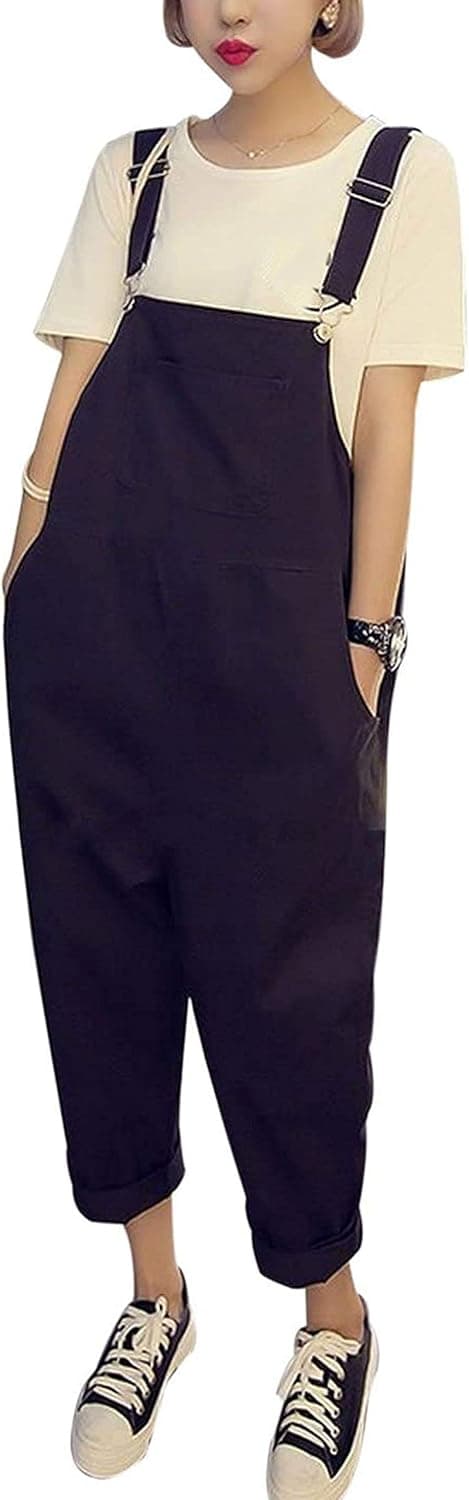Yeokou Women's Loose Baggy Cotton Wide Leg Jumpsuit Rompers Overalls Harem Pants (X-Small, Black)