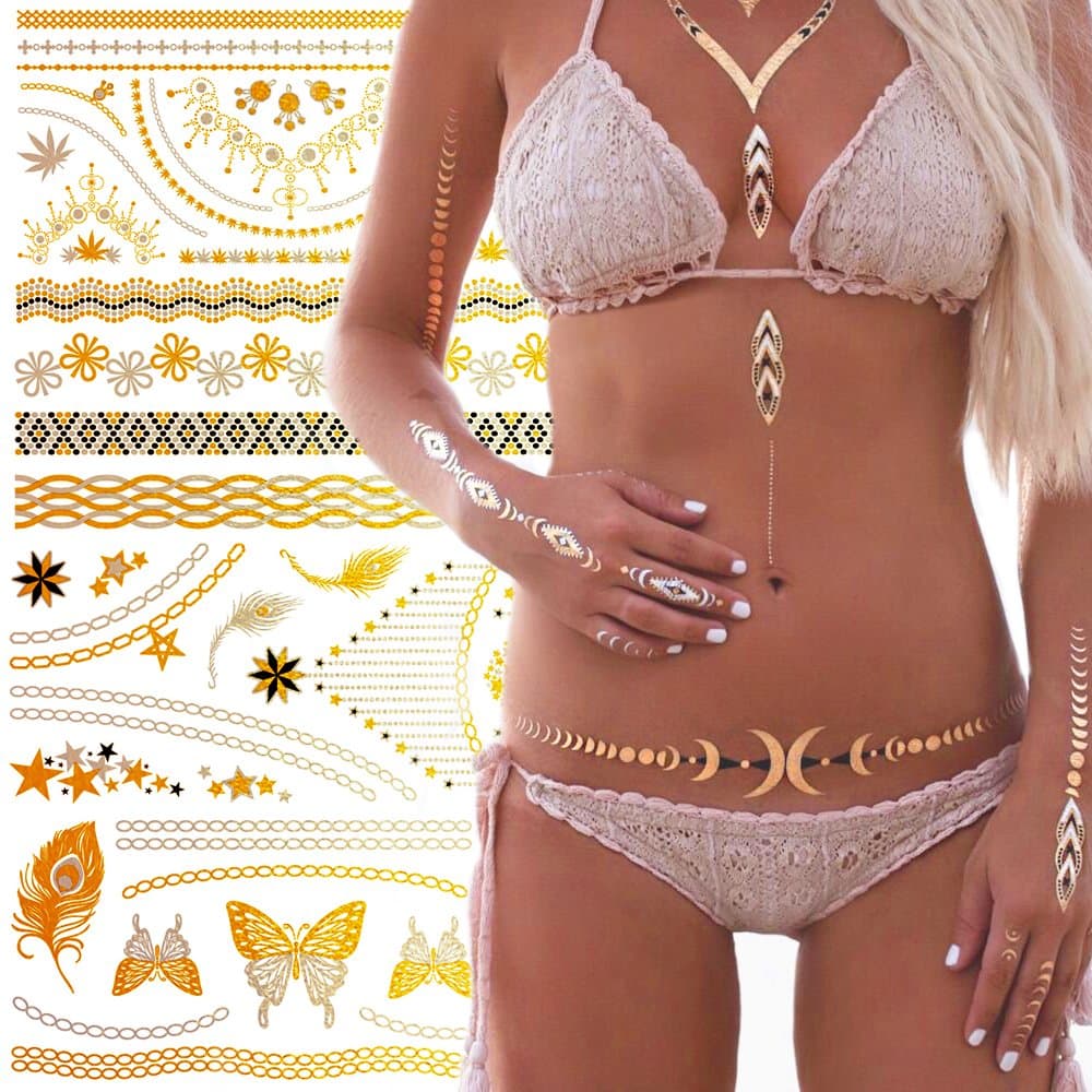 AKFD GOODS Temporary Henna Tattoos 5 Sheets Over 75 Designs in Metallic Gold Realistic Waterproof Removable Body Stickers for Women Flash Art Beach Summer Mandala Mehndi Festival Accessories