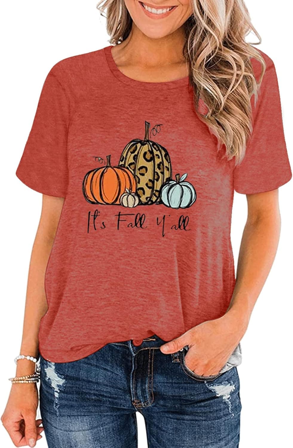 GEMLON Thanksgiving Shirts It’s Fall Yall Letter Shirt Leopard Fall Pumpkin Tops Funny Graphic Tees for Women Halloween…
