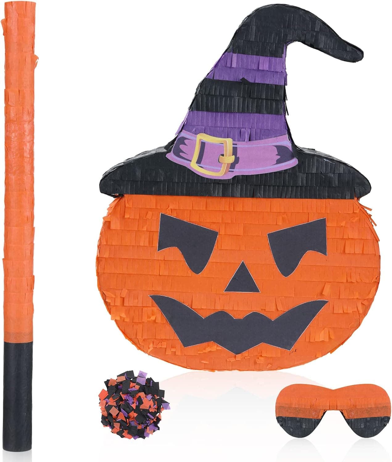 Halloween Pumpkin Pinata with Pinata Stick and Blindfold for Kids Spooky Funny Pinata with Confetti for Halloween Party Decoration October Birthday Photo Prop, 15.7 x 12 x 2.8 Inch