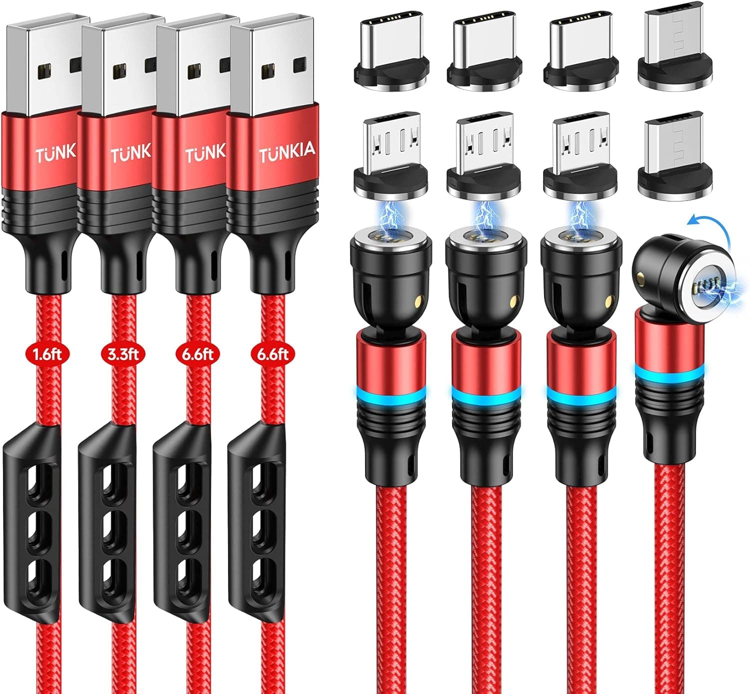 Magnetic Charging Cable,Tunkia 3A Fast Charging Magnetic Charger Cable (4-Pack,1.6ft 3.3ft 6.6ft 6.6ft) Nylon Braided Magnetic Phone Charger Cable Compatible with Micro USB Type C
