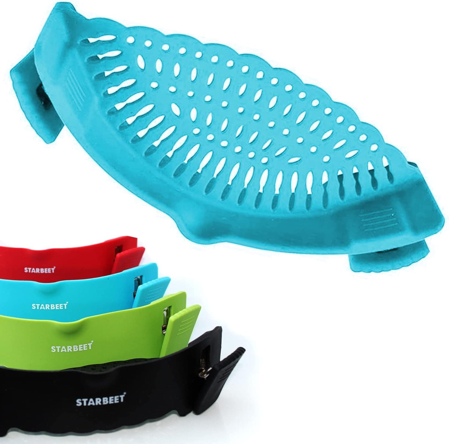 STARBEET Clip On Pot Strainer - Snap n Strain Silicone Food Colander - Fast, Easy, Straining for Noodles, Pasta, Meat, Fruits and Veggies. Fits Most Sizes Round Pots, Pans and Bowls.