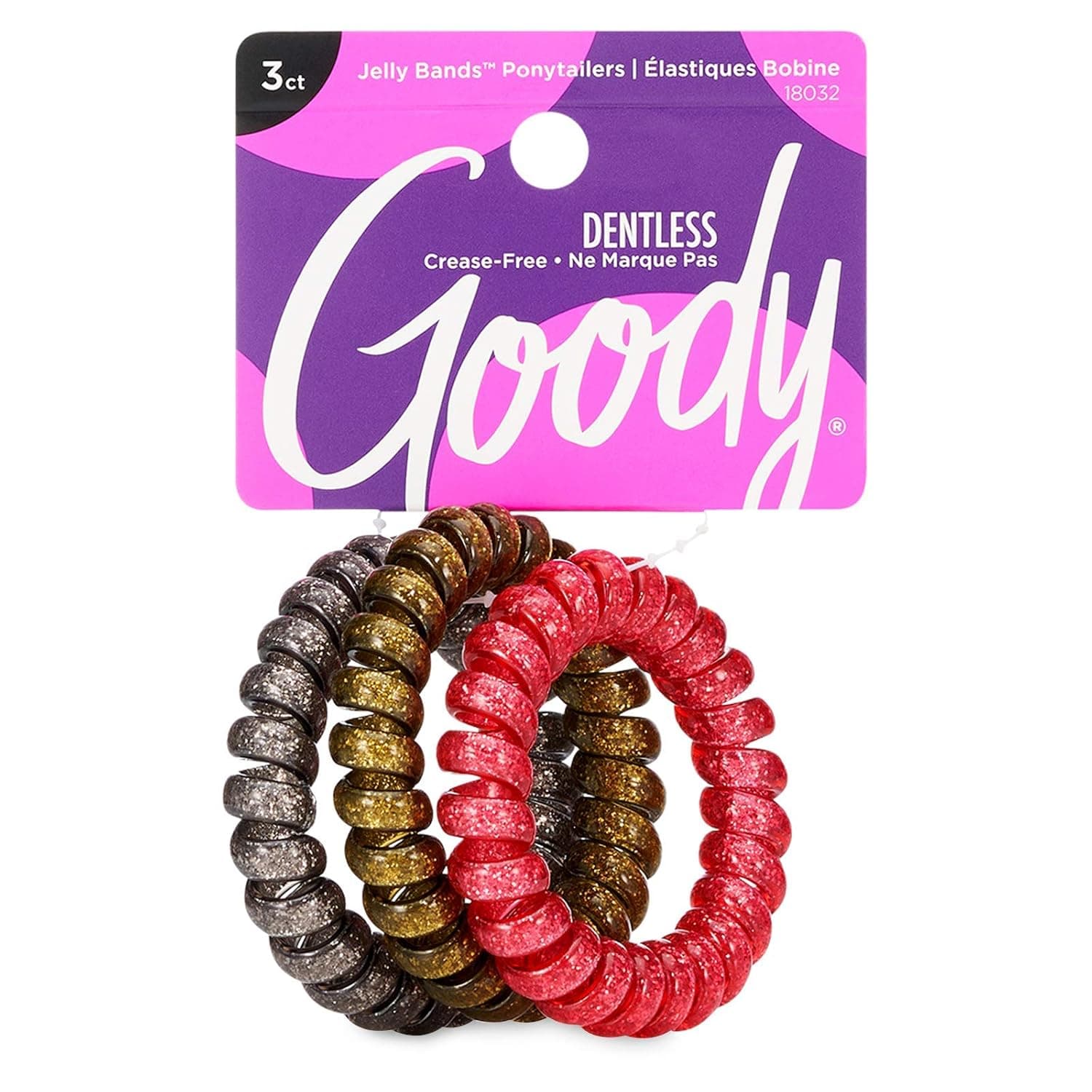 Goody Trend Ponytailers Elastic Thick Hair Coils - 3 Count, Glitter - Assorted - Medium Hair to Thick Hair - Hair Accessories for Women and Girls - Perfect for Long Lasting Braids, Ponytails and More