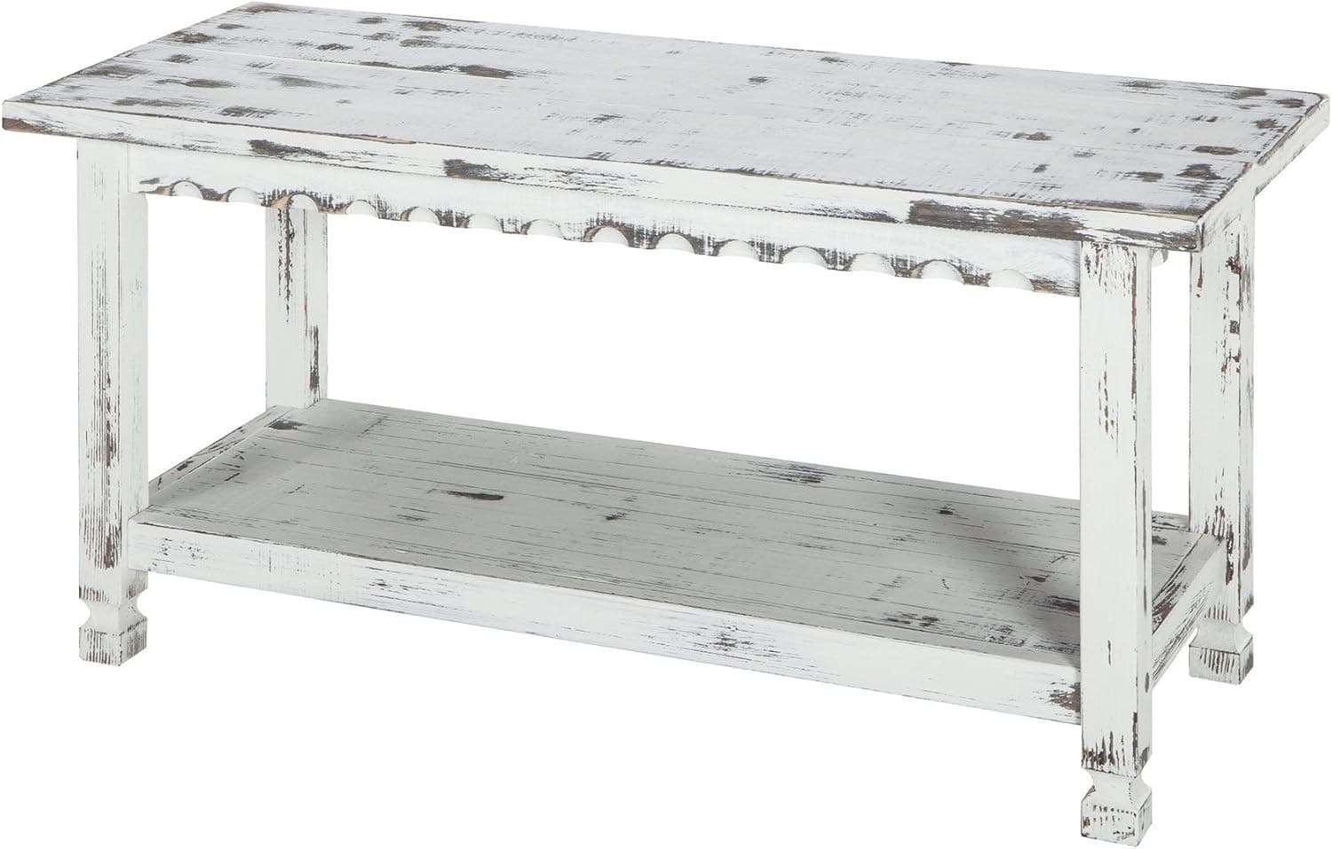 Rustic Cottage Bench with 1 Shelf, White Antique