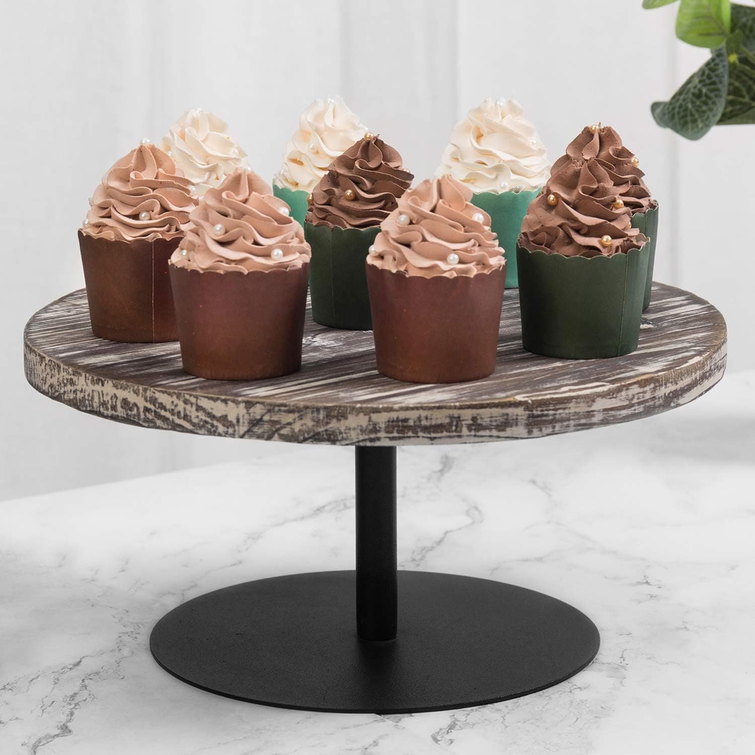 MyGift 12 Inch Round Solid Torched Wood Cake Stand with Black Metal Pedestal, Dessert Appetizer and Cupcake Holder Serving Stand