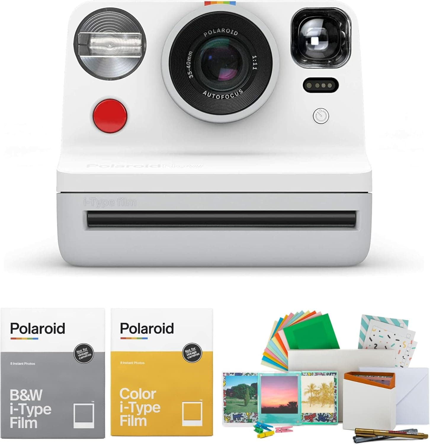 Polaroid Originals Now Viewfinder i-Type Instant Camera (White) Bundle with Color and B and W Instant Film and Reusable Vintage Photo Accessory (4 Items)
