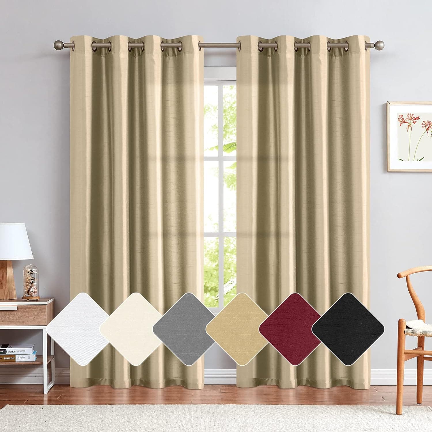 Vangao Silk Curtains 95 Inches Long 2 Panels for Living Room Bedroom Taupe Faux Satin Semi-Sheer Grommet Top Window Drapes