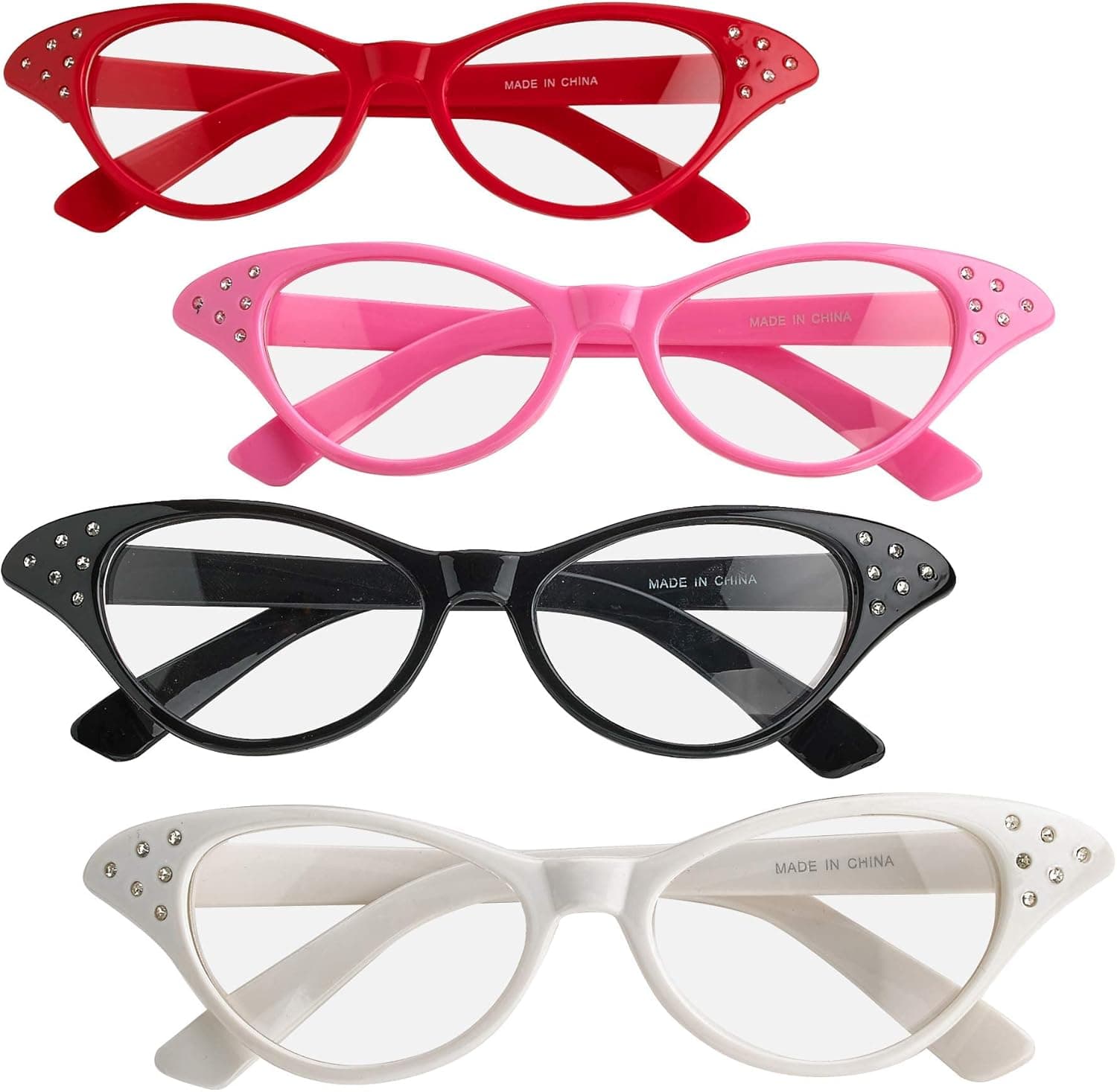 Bedwina Cat Eye Glasses with Rhinestones - (Pack of 4) Vintage Retro 50s 60s Inspired Clear Non - Prescription Costume Cateye Sunglasses for Women & Kids