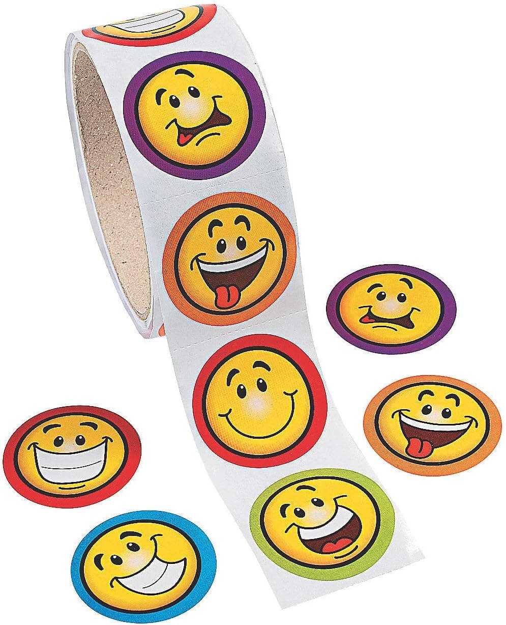 Fun Express Goofy Smile Face Sticker Rolls. (100 Stickers Per Roll, Shrink-Wrapped)