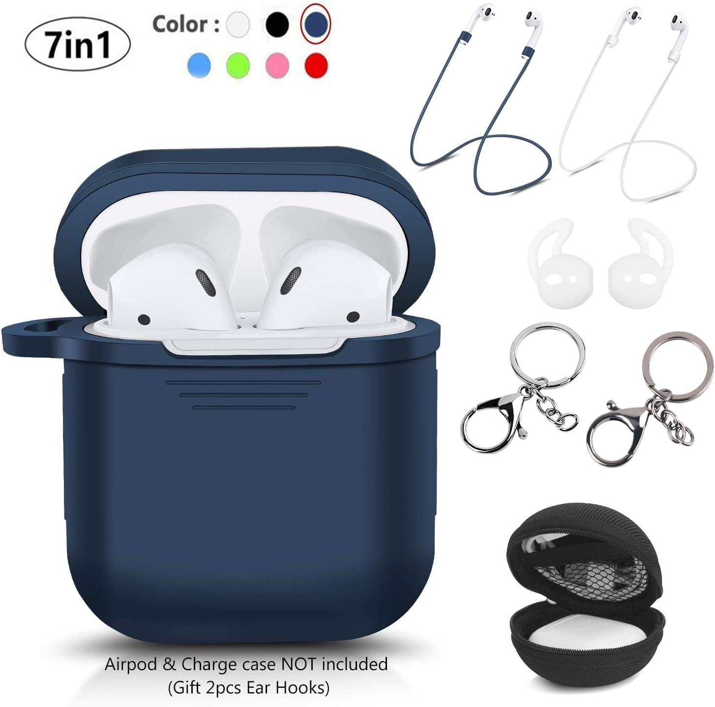 LKDEPO 7 in 1 Airpods Case Accessories Set Compatible with Apple AirPods 2 & 1 [Front LED Not Visible] [Include Protective Silicone Case Cover/Ear Hook/Keychain/Strap/Travel Coin Bag] (Blue)