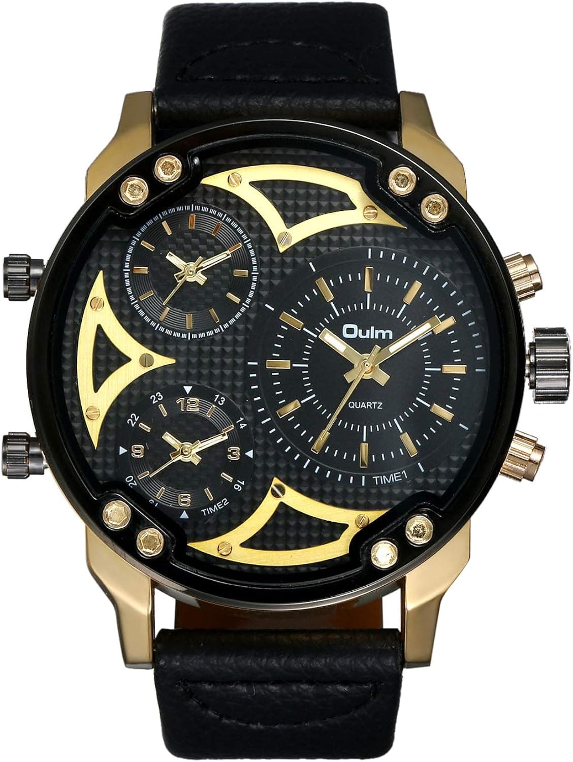 Avaner Mens Big Face Watches Round Dial 3 Time Zone Analog Display Japanese Quartz Movement Leather Strap Band Wrist Watches
