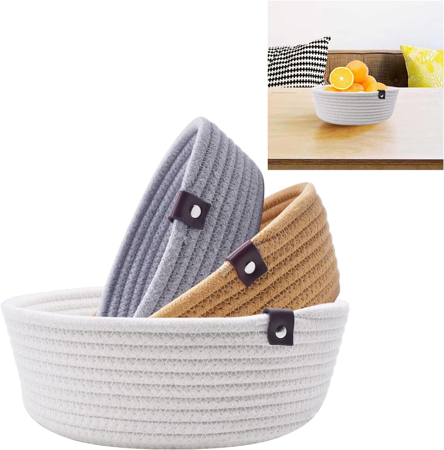 Woven Cotton Rope Basket, Small Rope Baskets for Shelves Bathroom, cotton Rope Woven Storage Basket, Organizing Storage Key Wallet Tray, key bowl for an entryway table, CollapsibleEmpty Gift Basket (White grey Brown)