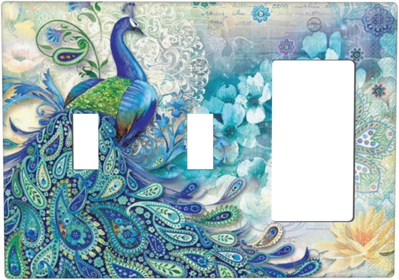 Nozidse Peacocks and Flowers 3 Gang Combination Light Switch Cover Plate Decorative Plastic Switch Plates and Outlet Covers Wall Plates for Electrical Bedroom Bathroom Kitchen Decor