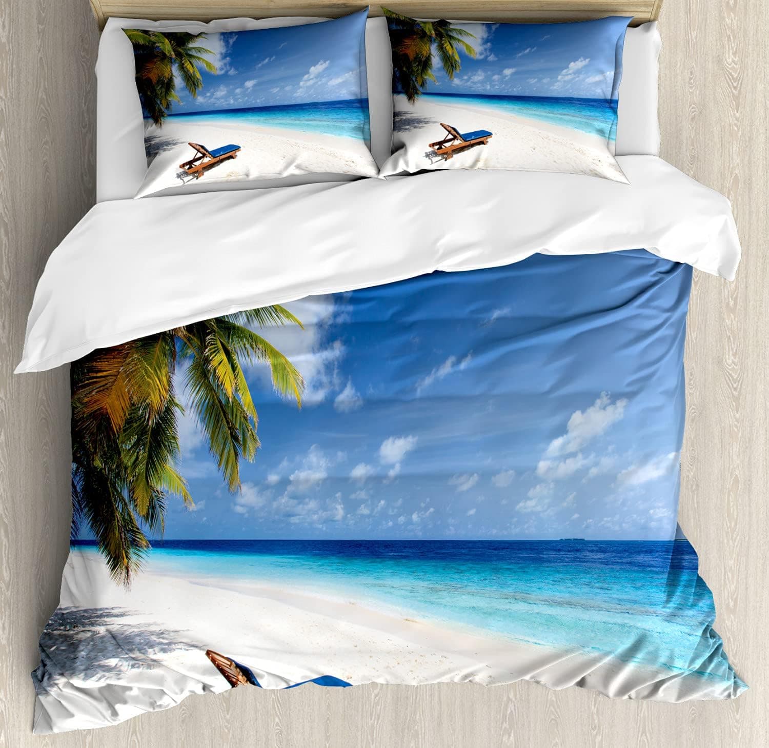 Ambesonne Seaside Duvet Cover Set, Tropical Beach Chair Sand Palm Trees Sunny Summer Exotic Travel Theme, Decorative 3 Piece Bedding Set with 2 Pillow Shams, King Size, Green Ivory