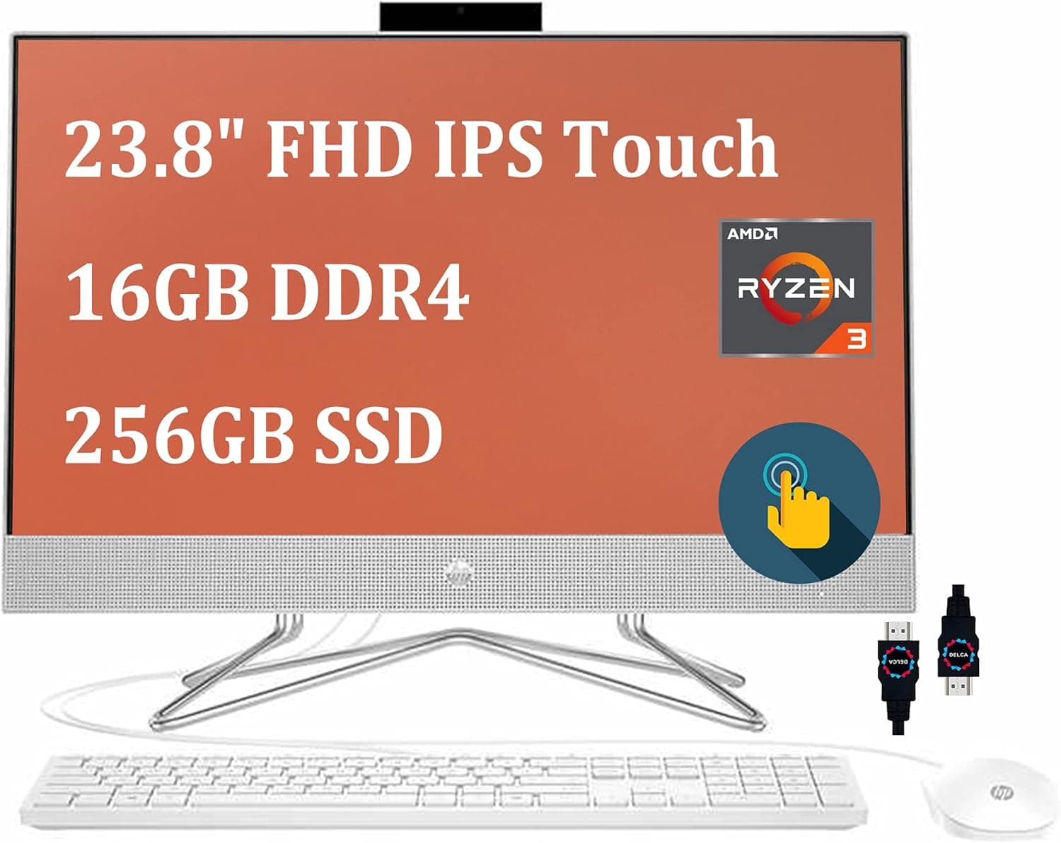 HP 24 Premium All-in-One Desktop Computer I 23.8" FHD IPS Touchscreen 72% NTSC I AMD Quad-Core Ryzen 3 4300U (> i7-8550U) I 16GB DDR4 256GB SSD I Bluetooth Webcam Win 10 White + HDMI Cable