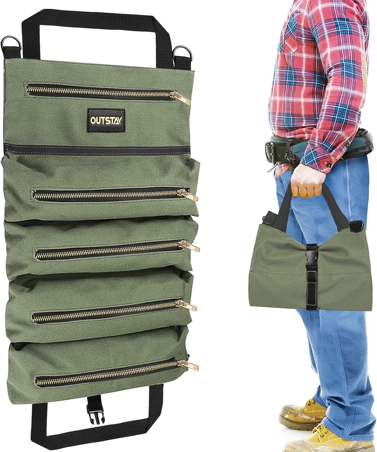 Roll Up Tool Bag Organizer - Canvas Tool Pouch Roll Multi Purpose Storage Hanging Rolling Carrier Kit for Wrench Motorcycle Cars Screwdriver Cables Camping Travel Electrician Tech Pockets Bucket Set