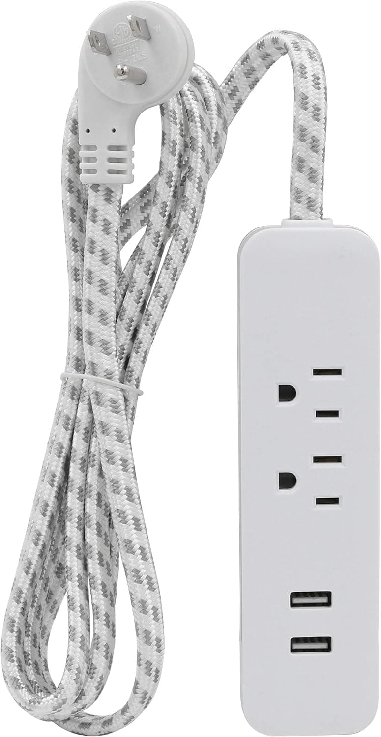 Clear Power 6 ft 2 Outlet + USB Charger Indoor Designer Fabric Flat Plug Extension Cord 16/3 SPT-2, 3 Prong Grounded Plug (White & Gray), CP10055