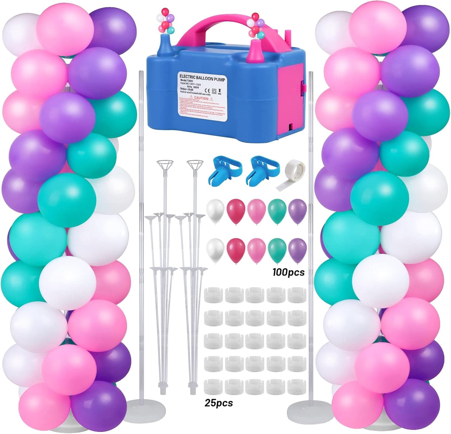 Gifts2U Balloon Column Stand and Balloon Pump, Electric Balloon Pump with 2 Sets 7Ft Ajustable Balloon Column Kits and 100 Pcs Balloons for Graduation Birthday Party Home Decoration (100-110V 600W)