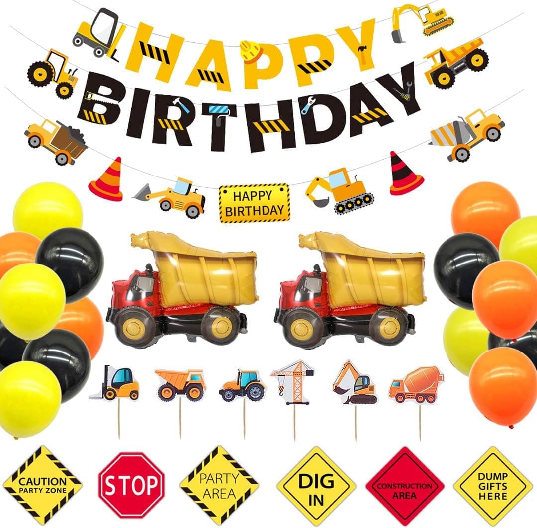 InDrah Construction Birthday Party Supplies Kits - 50 Pack Dump Truck Party Decorations Set Truck Themed Happy Birthday Banner and Cupcake Topper Signs Balloons for Kids Party Decor