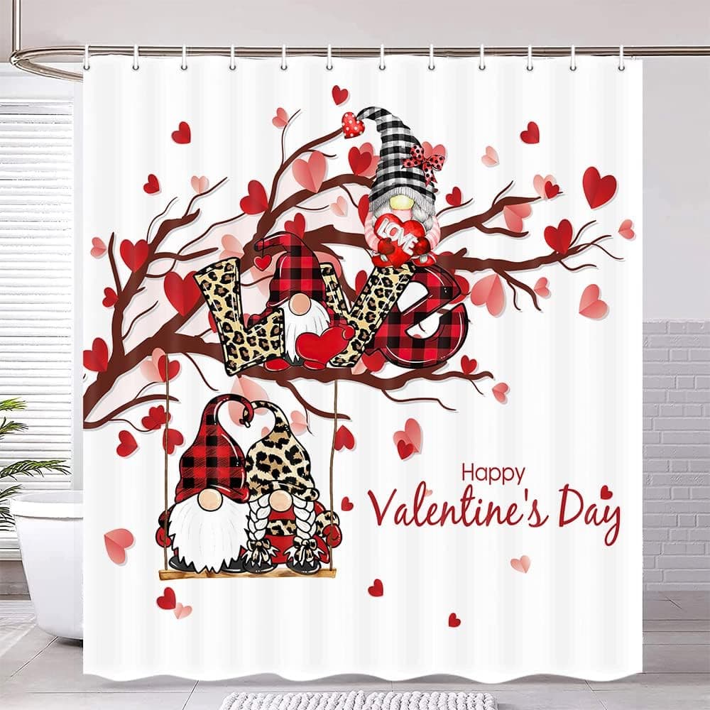 Happy Valentine's Day Shower Curtain, Valentines Gnomes Shower Curtains for Bathroom, Valentine's Day Tree Bath Curtains, Red Love Heart Waterproof Fabric Bathroom accessories Decor 72X72 inch
