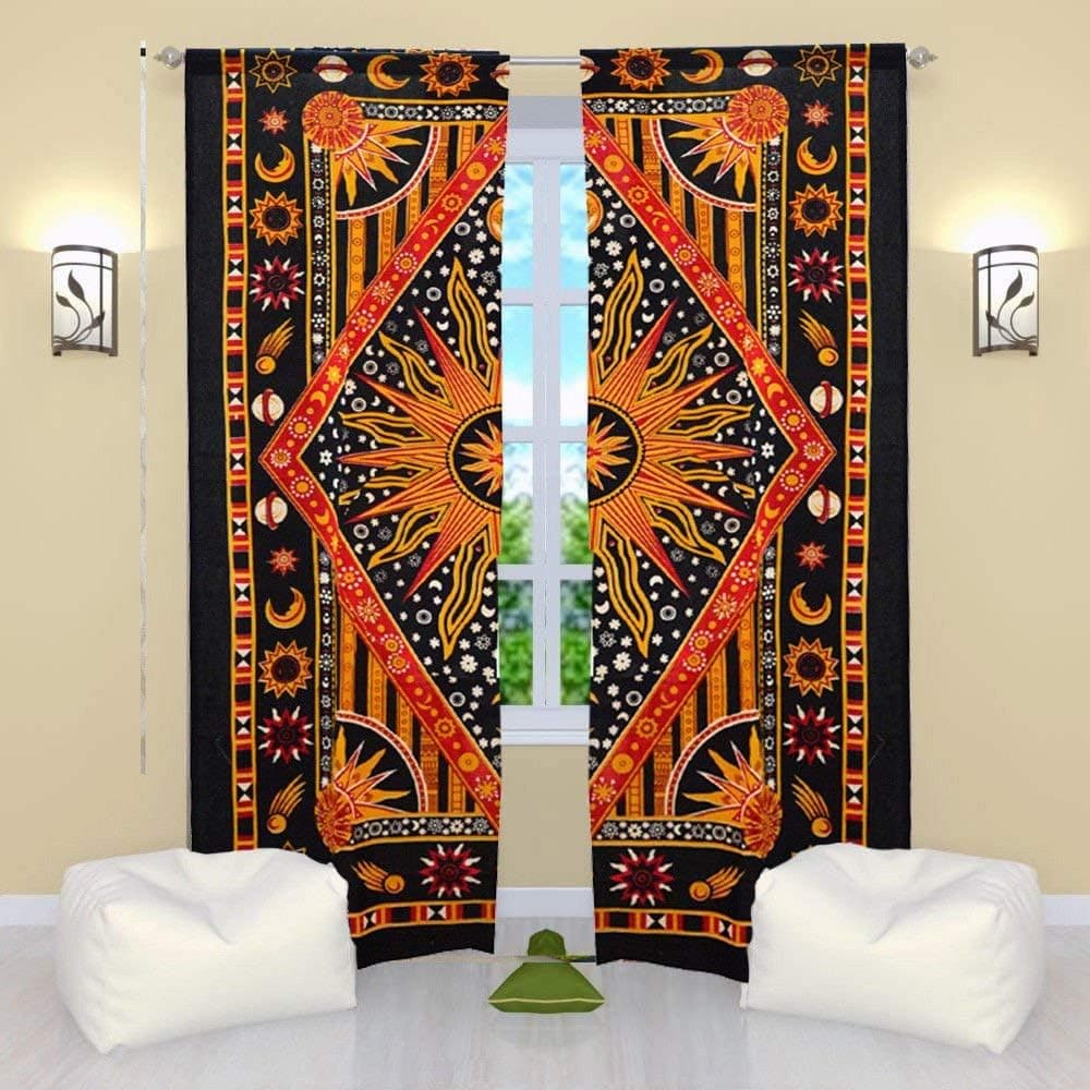 Orange Burning Sun Hippie Gypsy Home Decor Window Treatments & Valance Bedroom Decor Living Room Decor Handmade Boho Door Cotton Bohemian Mandala Tapestry Curtain Balcony Sheer Room Divider