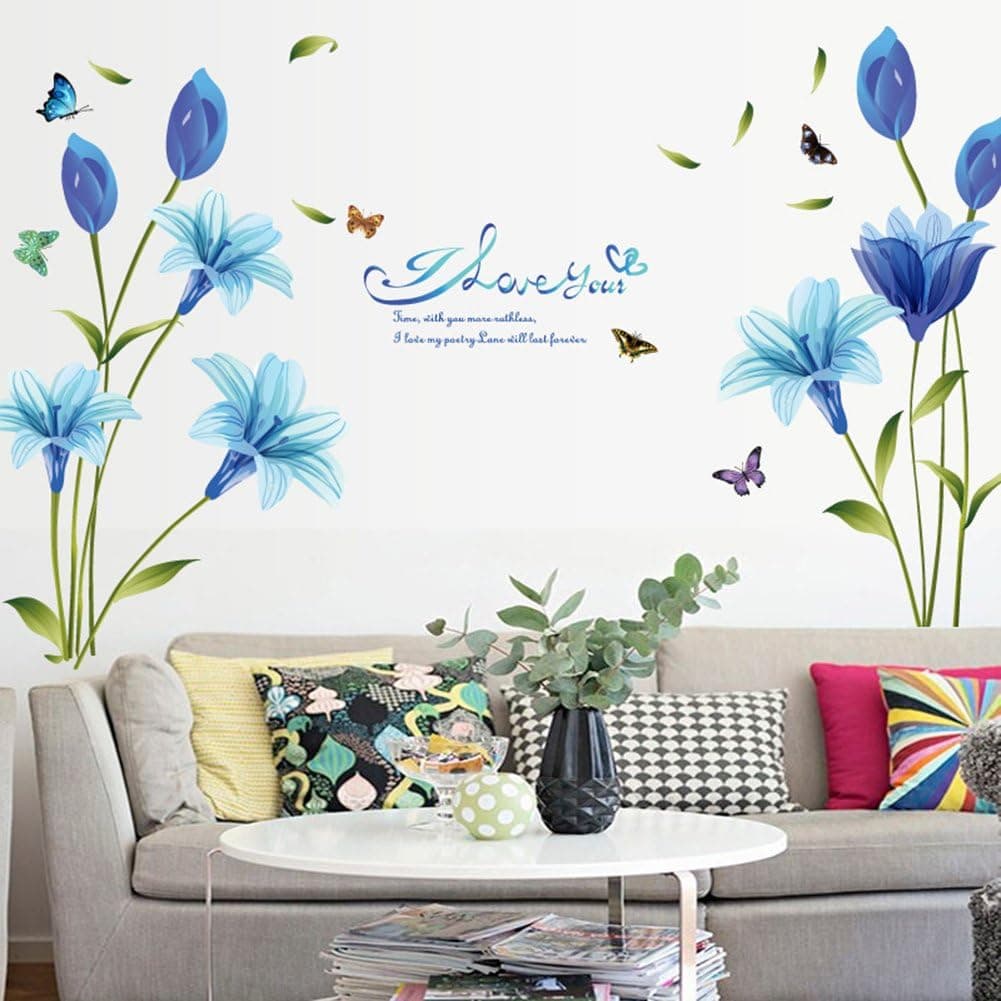 WMdecal Removable Large Lily Flowers Vinyl Wall Decal Peel and Stick TV Wall Decoration Wallpaper Big Size Mural Stickers for Living Room