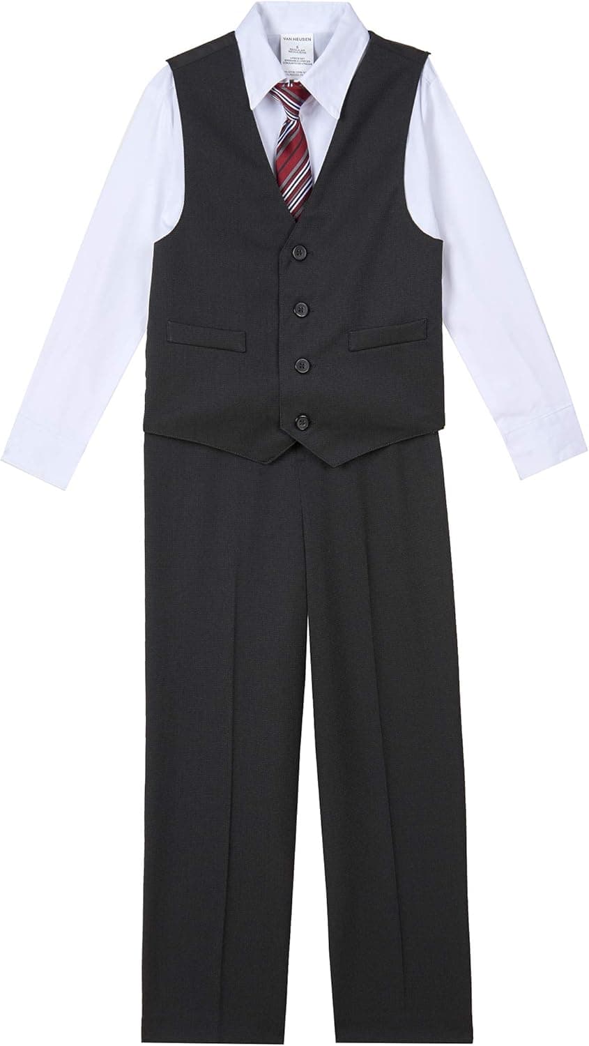 Van Heusen Boys' 4-Piece Formal Suit Set, Vest, Pants, Collared Dress Shirt, and Tie