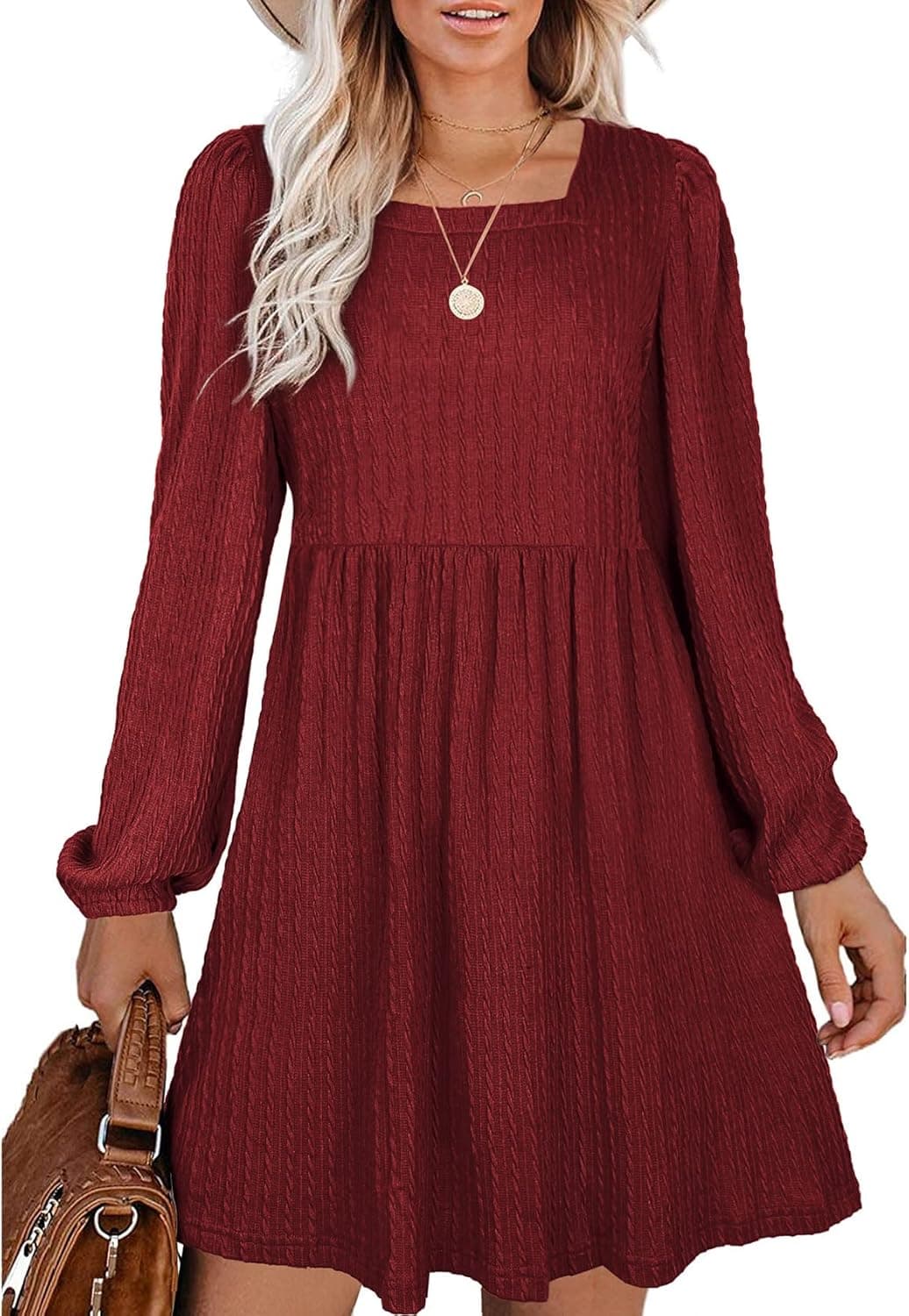 WEESO Womens Knit Dress Square Neck Long Sleeve Knee Length Babydoll Dresses