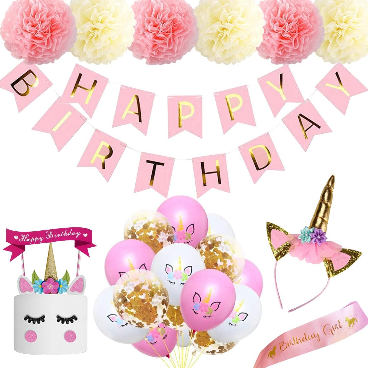 Ywen Unicorn Party Supplies 8inch Pink Birthday Banner Decorations Paper Pompom ,Unicorn Cake Topper Headband and Birthday Sash for Girl,12inch Unicorn Birthday Balloon